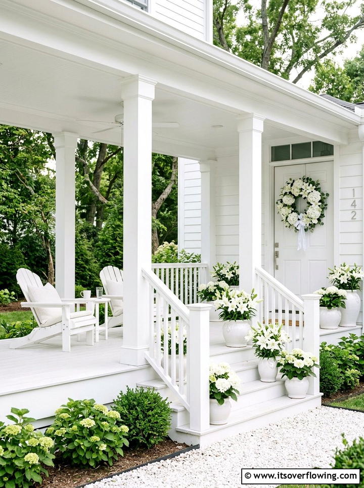 Monochromatic white porch - 25 front porch ideas with spring decor