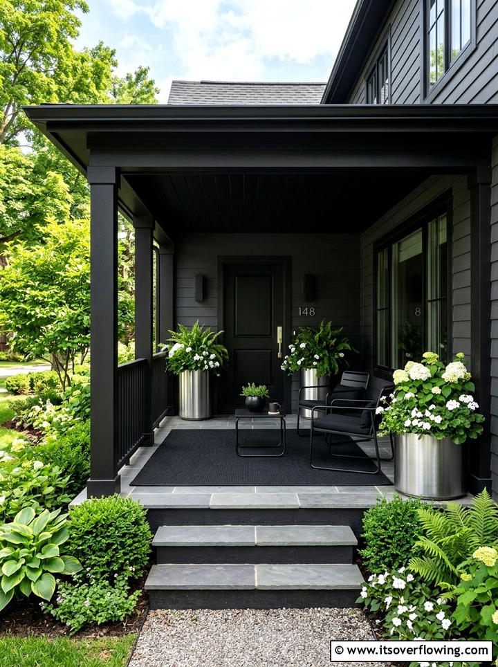 Monochrome Black Porch - 25 front porch ideas with outdoor rug