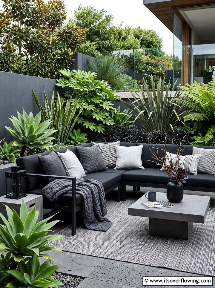 Monochrome Garden Lounge - 25 backyard decorating ideas with throws