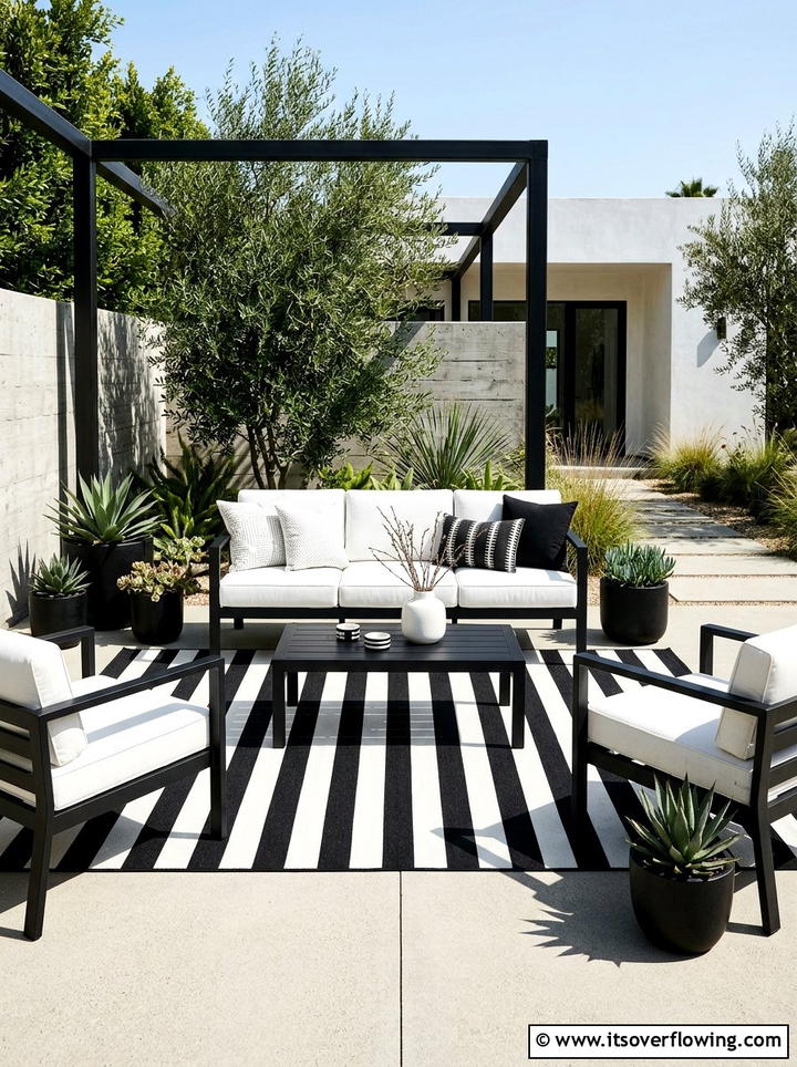 Monochrome Outdoor Living - 25 backyard decorating ideas with outdoor rugs