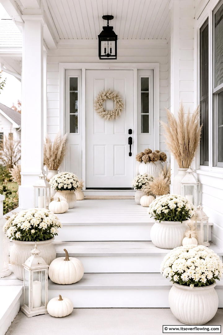 Monochrome White Fall Display - 50 Fall Front Door Decor Ideas Roundup- Curb Appeal