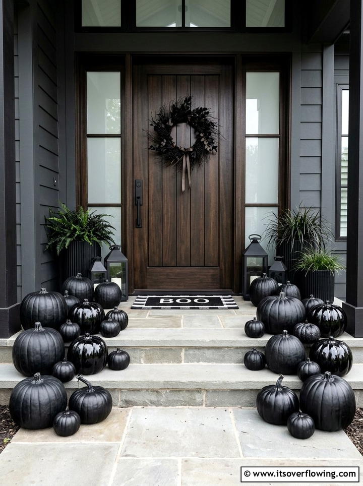 Monochrome pumpkin entry - 25 front porch decor ideas with fake pumpkins