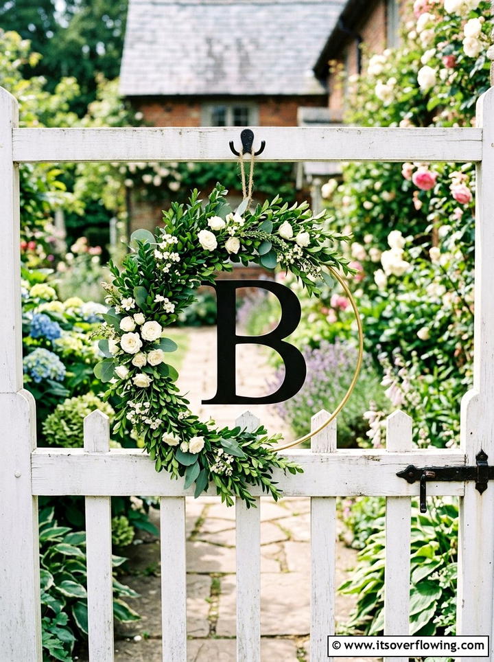 Monogram floral hoop sign - 25 garden decor ideas with floral hoops