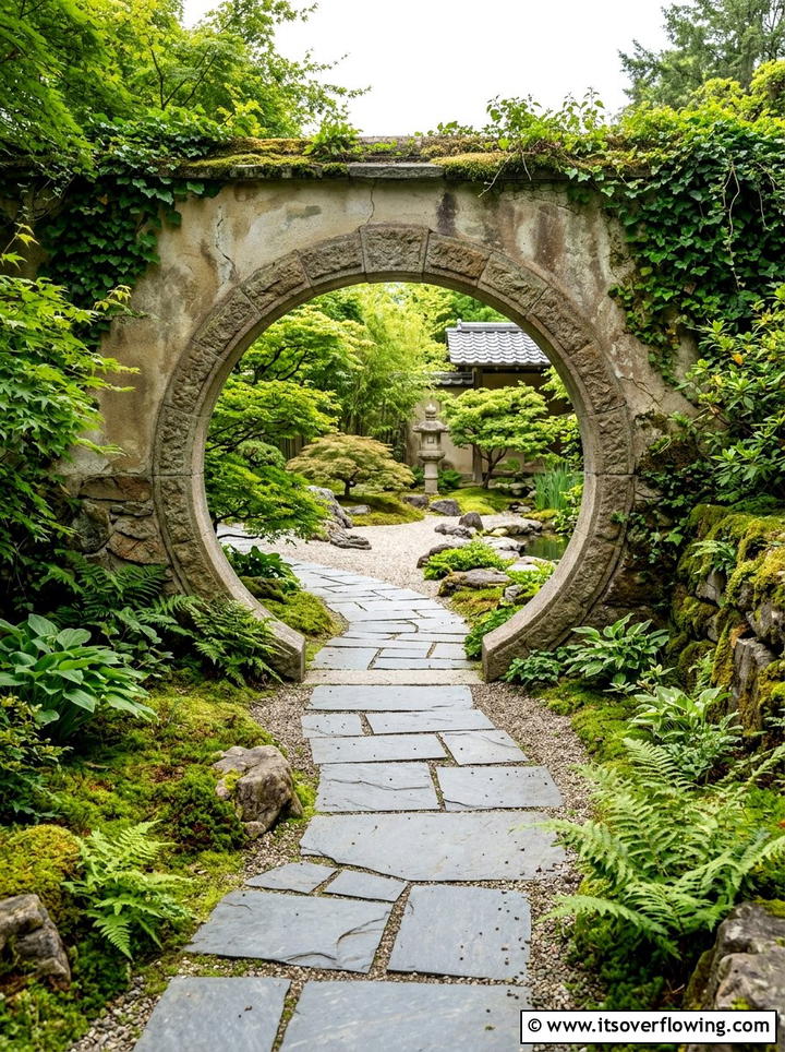Moon gate with stone pathway - 25 garden decor ideas with gate decorations