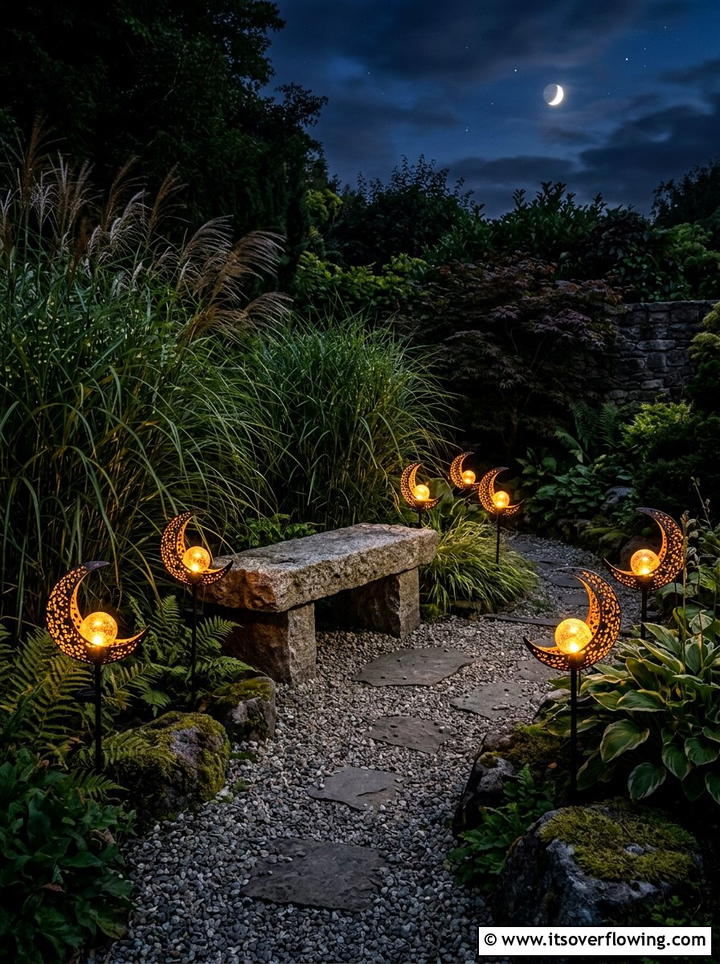 Moon shaped solar garden stakes - 25 garden ideas with solar lights