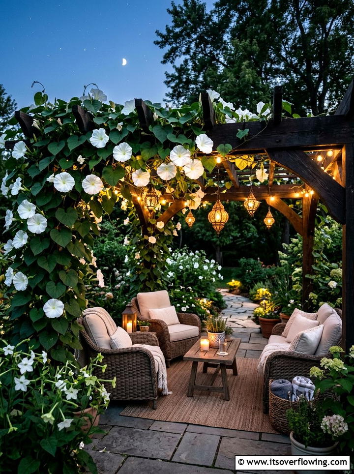 Moonflower evening garden retreat - 25 creative garden ideas with pergola vines