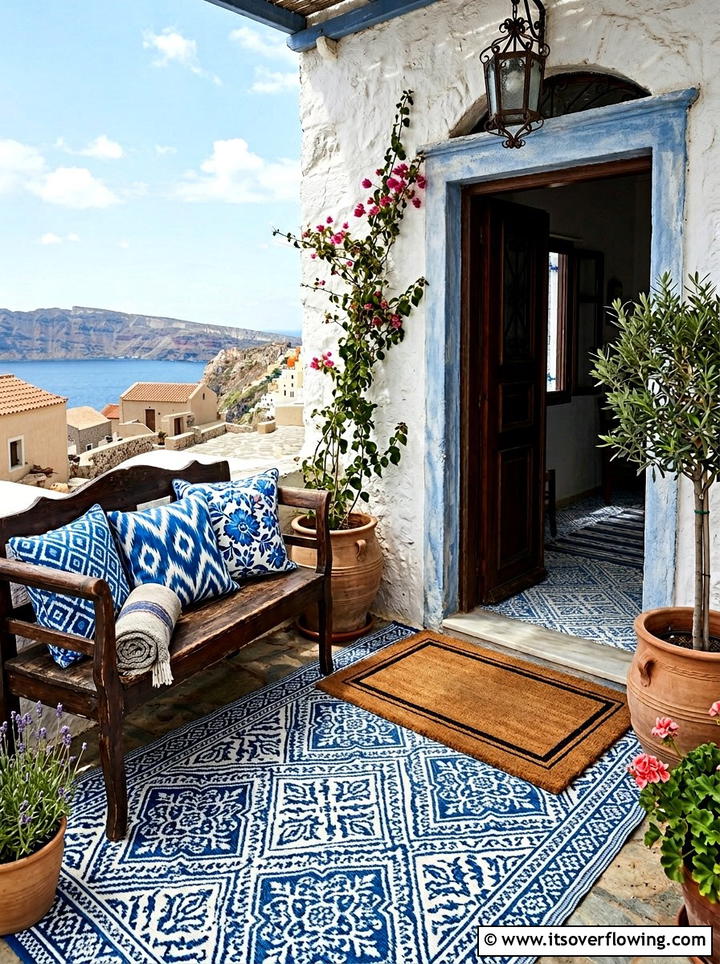 Moroccan tile rug with brown coir mat - 25 front porch decor ideas with layered mats