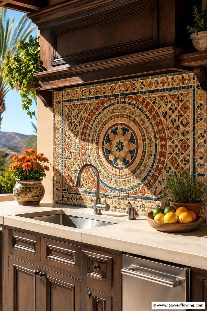 Mosaic Backsplash Accent - 30 Rustic Outdoor Kitchen Ideas for Al Fresco Dining