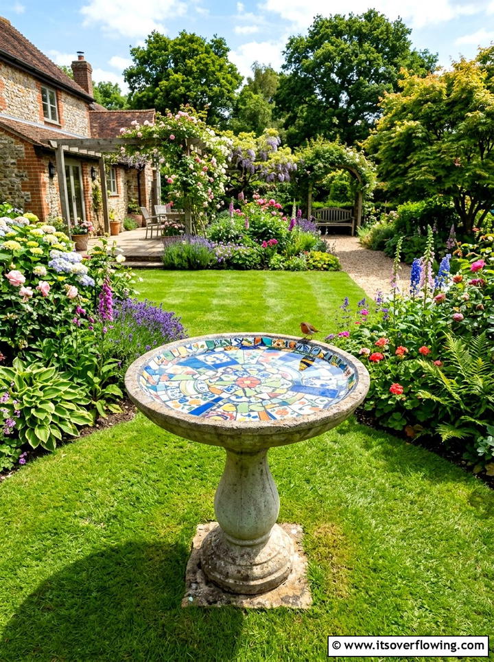 Mosaic Bird Bath - 25 recycled garden ideas with chipped dishes