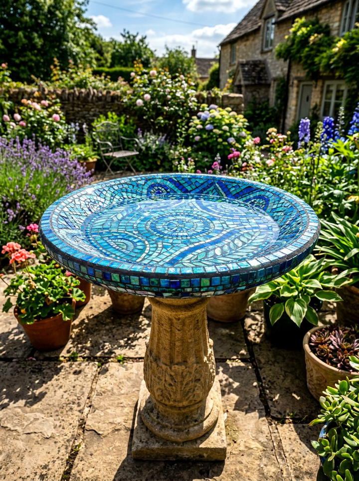 Mosaic Bird Bath - 25 backyard decorating ideas with bird baths