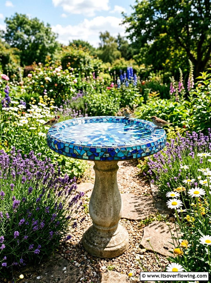 Mosaic Birdbath - 25 recycled garden ideas with mosaic pieces
