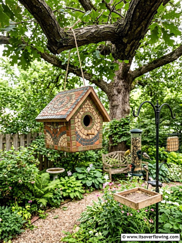 Mosaic Birdhouse - 25 recycled garden ideas with mosaic pieces