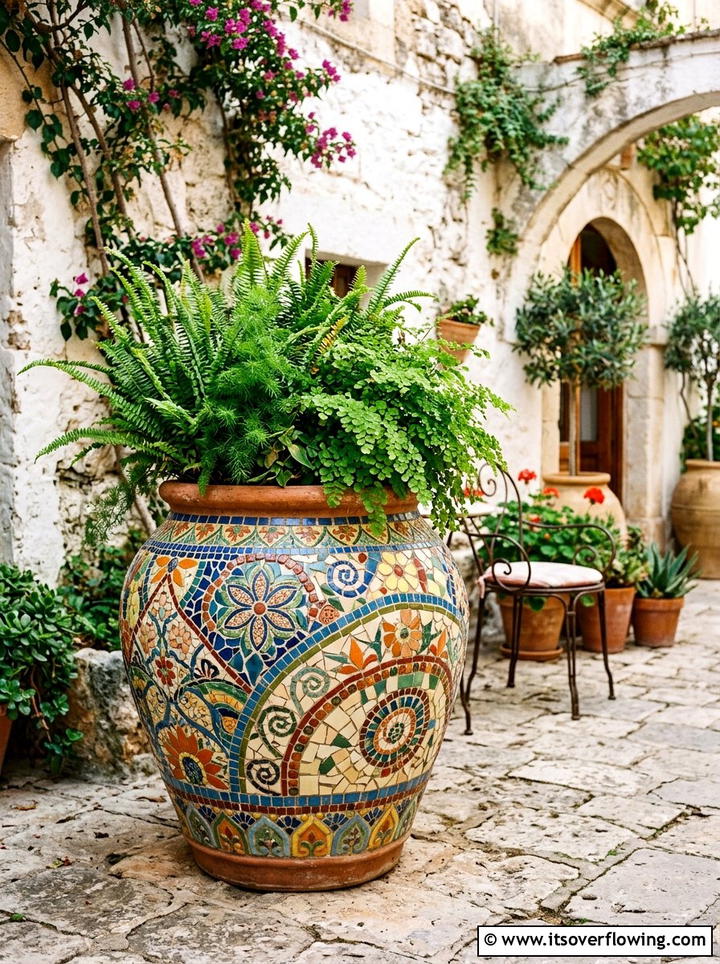 Mosaic Clay Pot - 25 garden decor ideas with terracotta pots