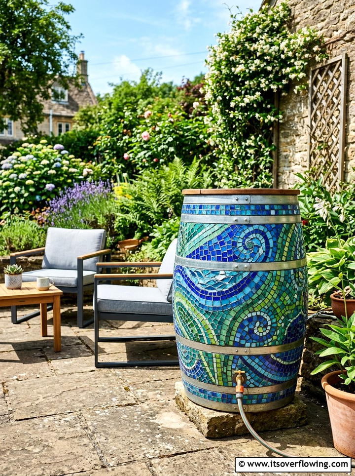 Mosaic Decorative Rain Barrel - 25 upcycled garden ideas with rain barrels