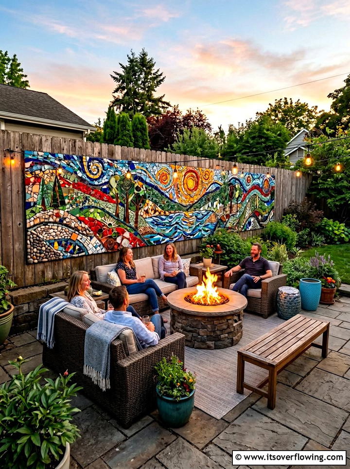 Mosaic Fence Mural - 25 recycled garden ideas with mosaic pieces