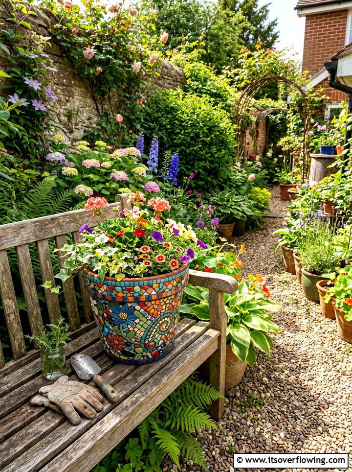 Mosaic Flower Pot - 25 recycled garden ideas with chipped dishes