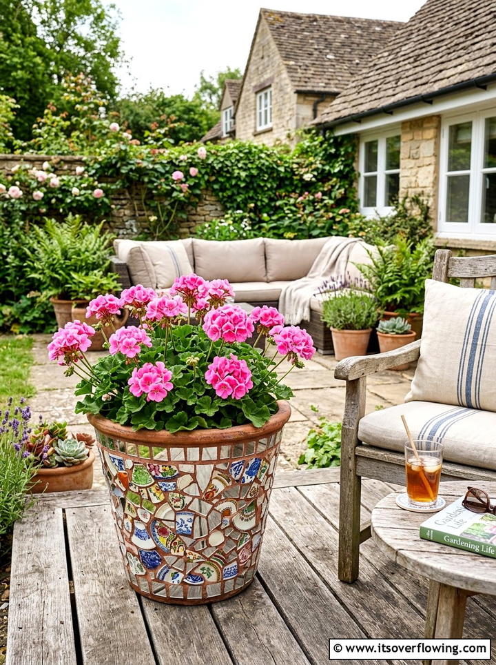 Mosaic Flower Pot - 25 recycled garden ideas with mosaic pieces