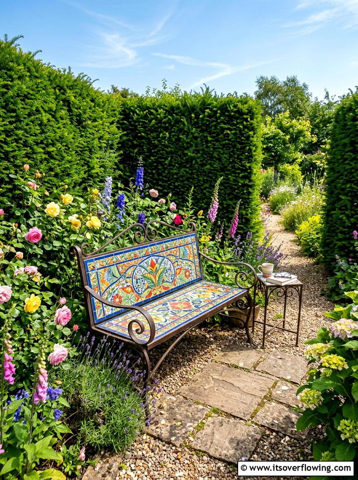Mosaic Garden Bench - 25 recycled garden ideas with chipped dishes
