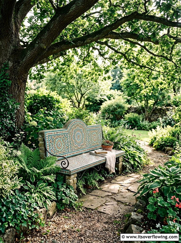 Mosaic Garden Bench - 25 recycled garden ideas with mosaic pieces
