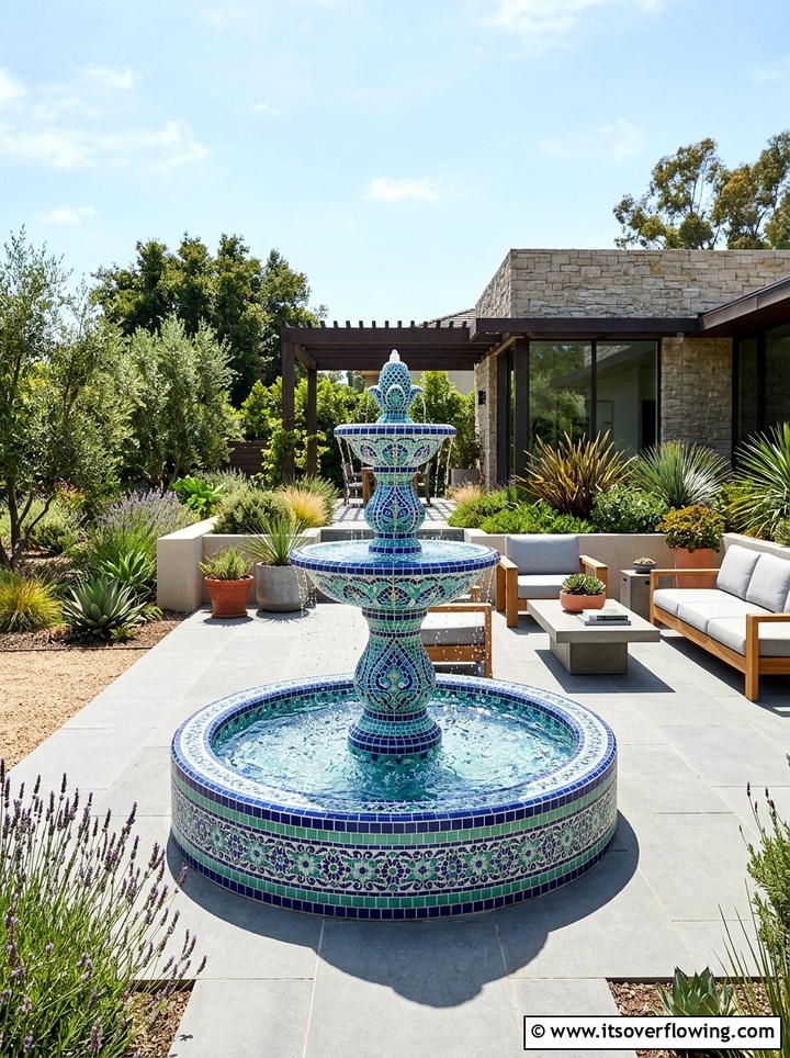 Mosaic Garden Fountain - 25 recycled garden ideas with mosaic pieces