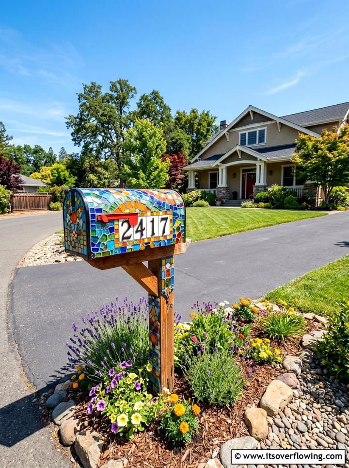 Mosaic Mailbox - 25 recycled garden ideas with mosaic pieces