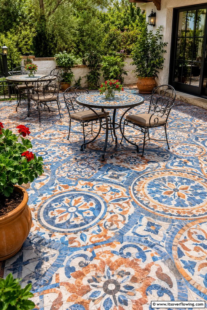 Mosaic Masterpiece - 30 Painted Concrete Patio Ideas for Colorful Outdoor Floors