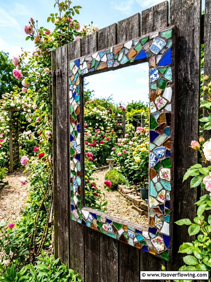 Mosaic Mirror Frame - 25 recycled garden ideas with mosaic pieces