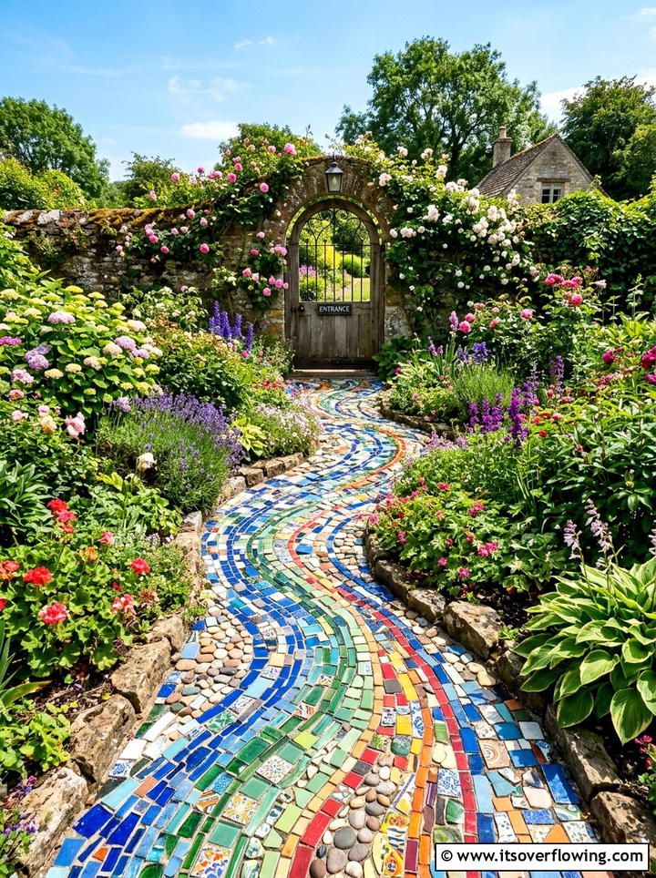 Mosaic Pathway - 25 recycled garden ideas with mosaic pieces