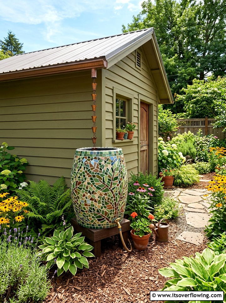 Mosaic Rain Barrel - 25 recycled garden ideas with mosaic pieces