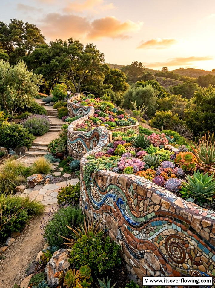 Mosaic Retaining Wall - 25 recycled garden ideas with mosaic pieces