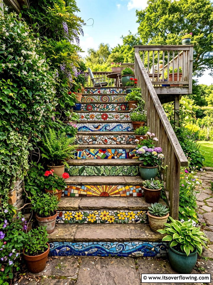 Mosaic Stair Riser - 25 recycled garden ideas with mosaic pieces