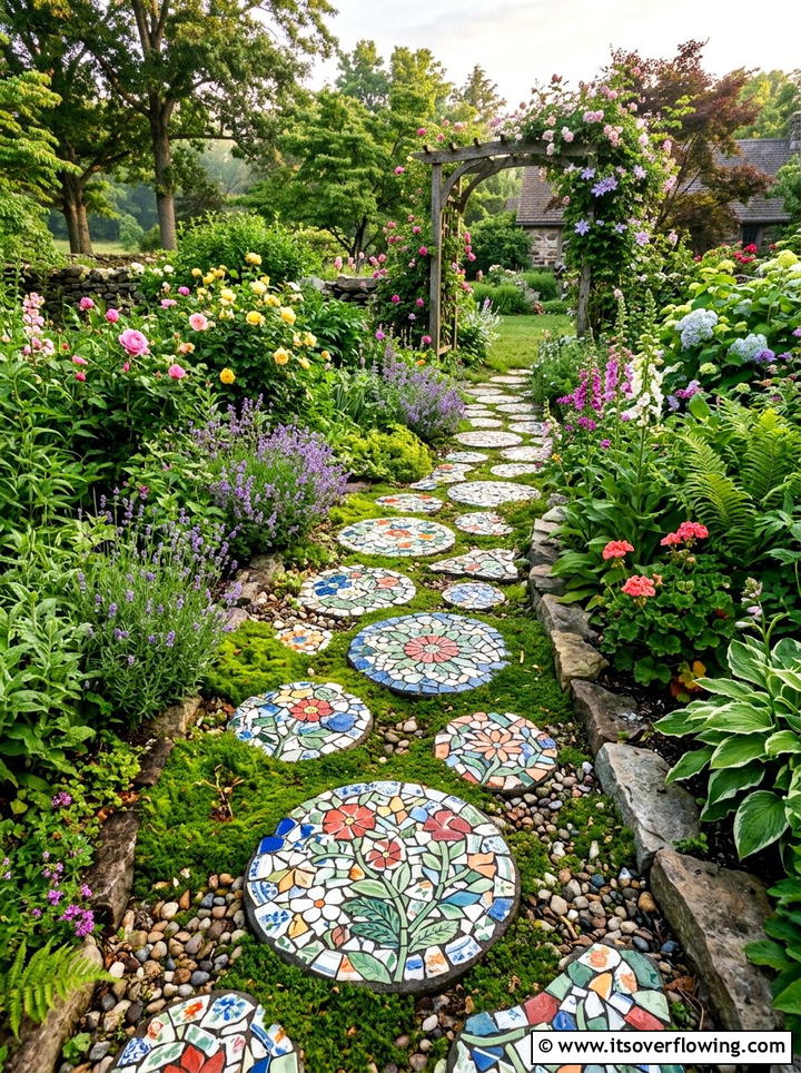 Mosaic Stepping Stone - 25 recycled garden ideas with mosaic pieces