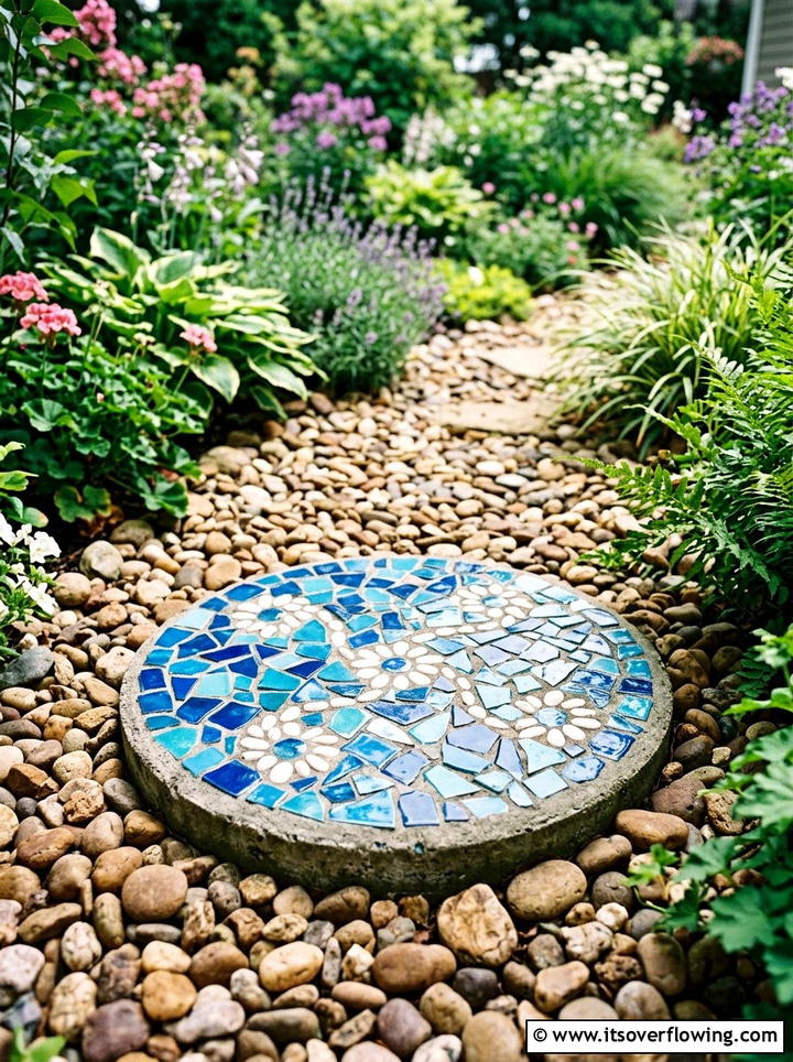 Mosaic Stepping Stone - 25 recycled garden ideas with pebbles