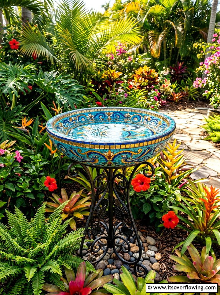 Mosaic Tile Bird Bath - 25 garden ideas with bird baths