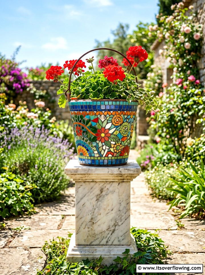 Mosaic Tile Bucket Planter - 25 recycled garden ideas with buckets