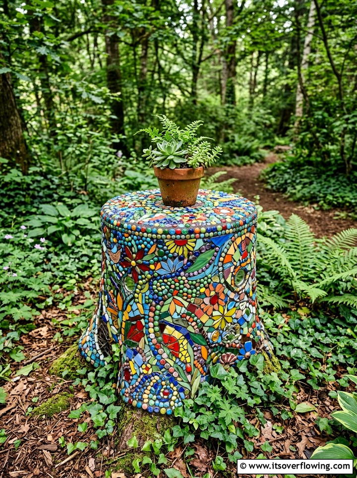 Mosaic Tree Stump - 25 recycled garden ideas with mosaic pieces
