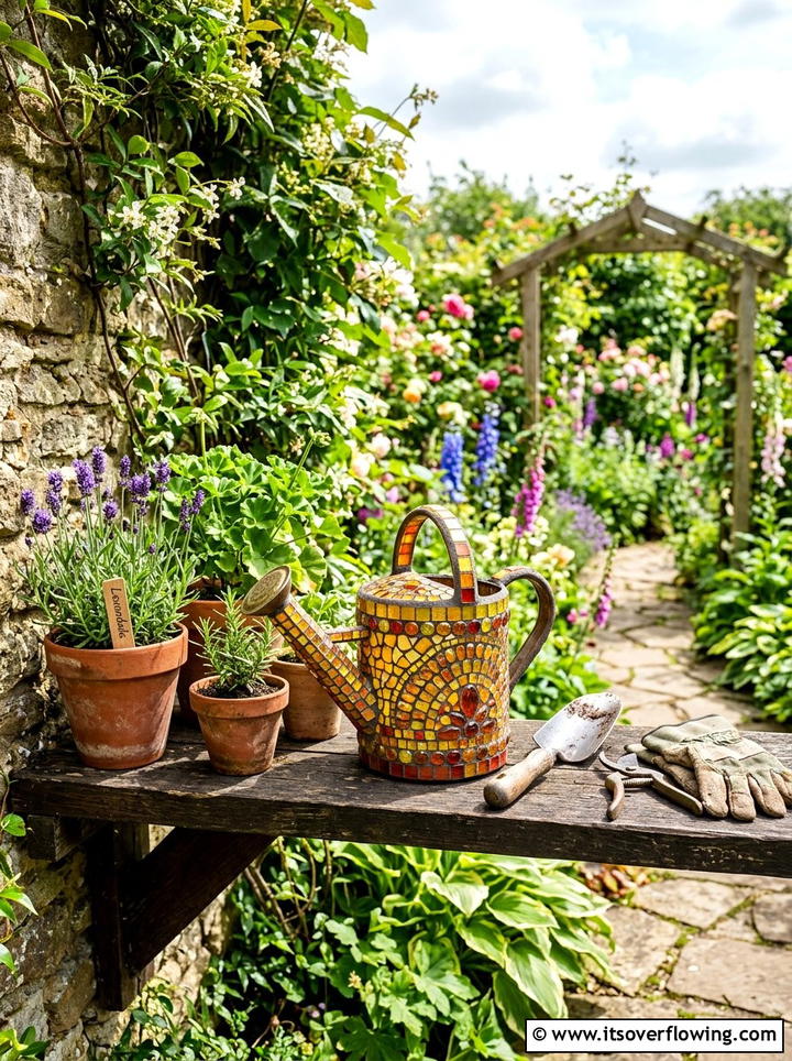 Mosaic Watering Can - 25 recycled garden ideas with mosaic pieces