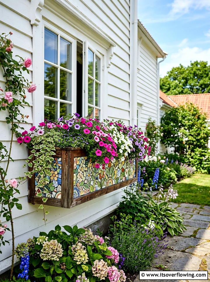 Mosaic Window Box - 25 recycled garden ideas with mosaic pieces
