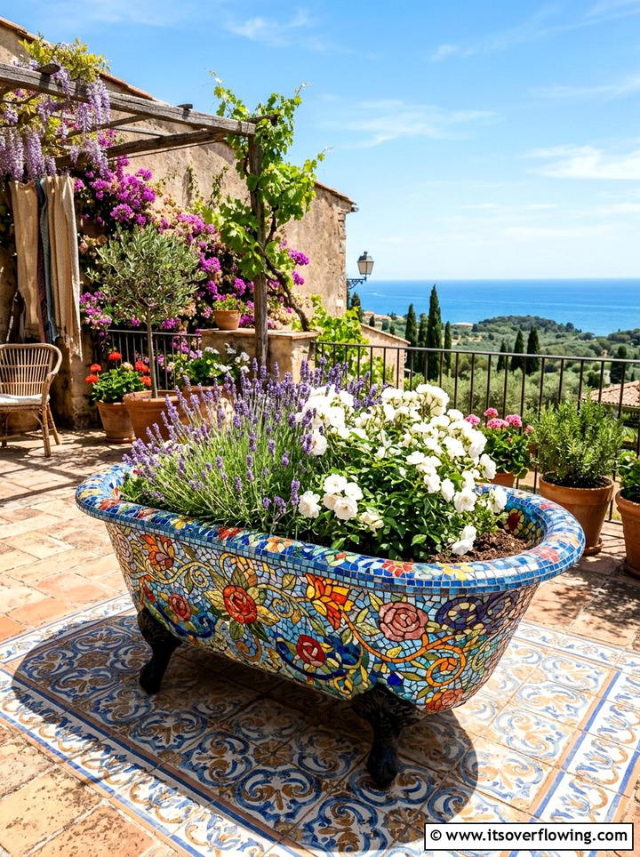 Mosaic bathtub planter - 25 upcycled garden ideas with old bathtubs
