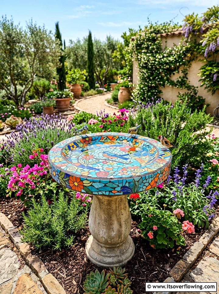 Mosaic bird bath - 25 upcycled garden ideas with bird baths