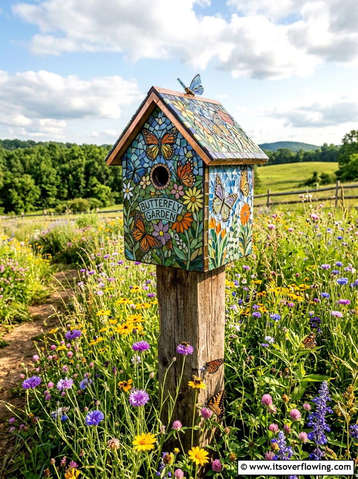 Mosaic butterfly house - 25 garden decor ideas with mosaic art