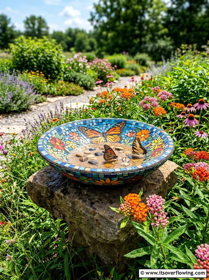 Mosaic butterfly puddler - 25 recycled garden ideas with leftover tiles