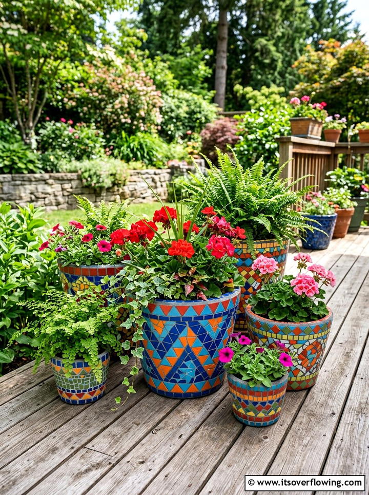 Mosaic flower pot - 25 garden decor ideas with mosaic art