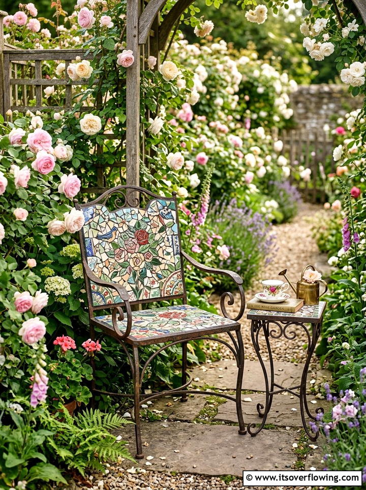 Mosaic garden chair - 25 recycled garden ideas with leftover tiles