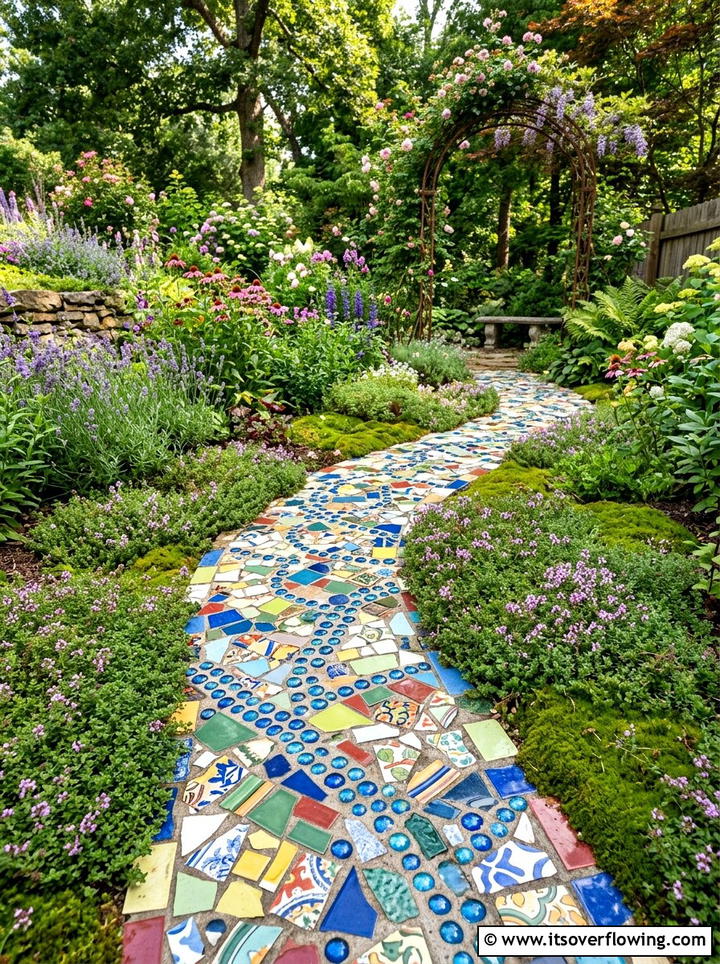 Mosaic garden path - 25 cheap garden ideas with recycled materials