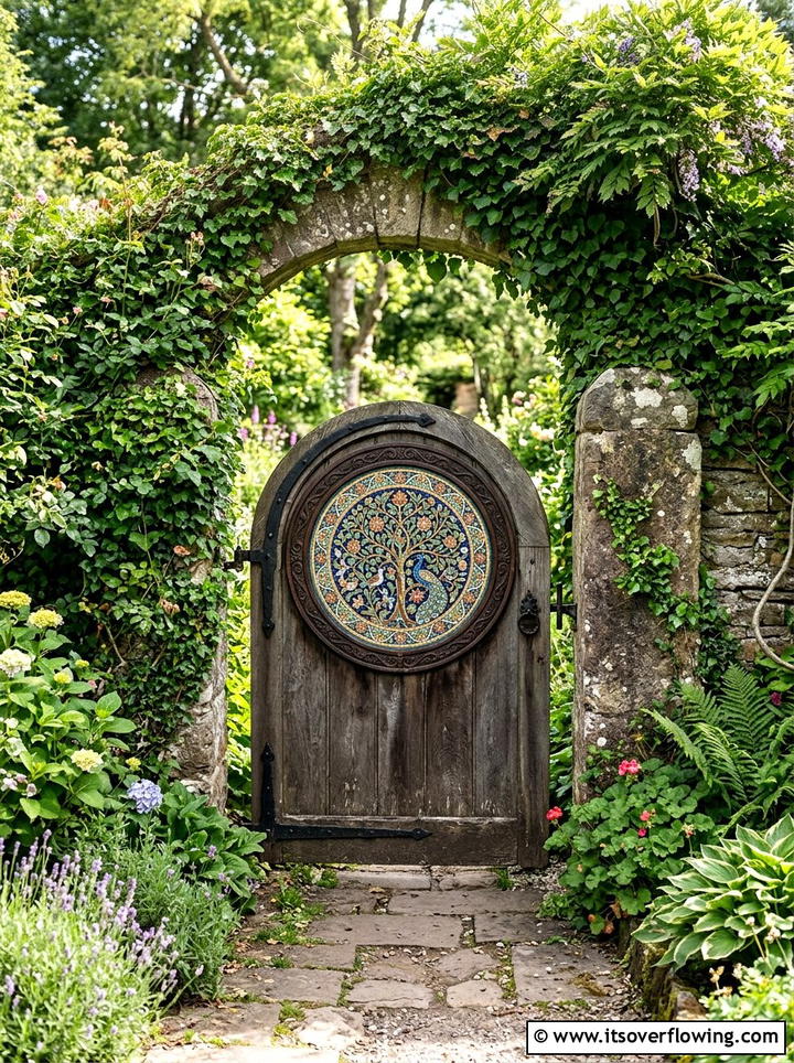 Mosaic gate detail - 25 garden decor ideas with mosaic art