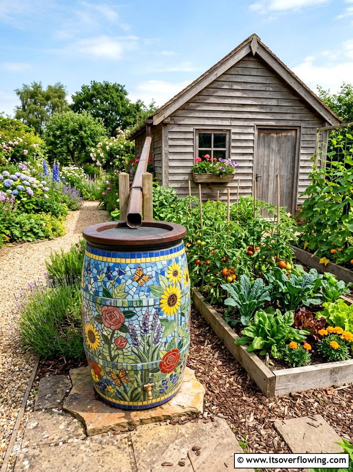 Mosaic rain barrel - 25 garden decor ideas with mosaic art