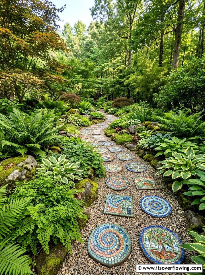 Mosaic stepping stone path - 25 garden decor ideas with mosaic art
