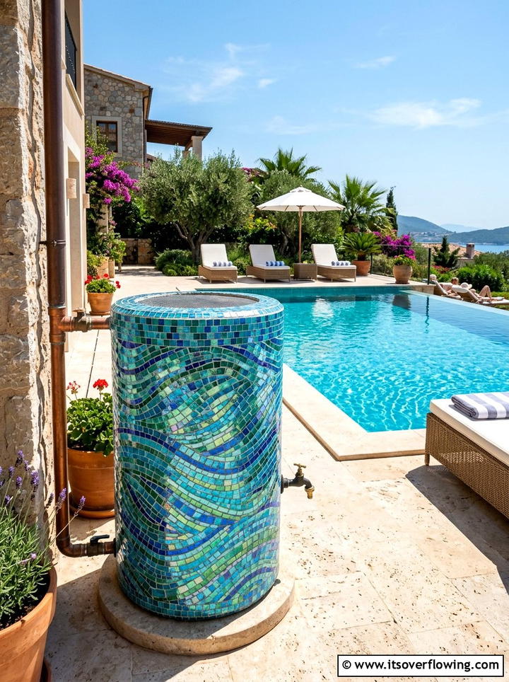 Mosaic tile rain barrel - 25 creative garden ideas with rain barrel displays