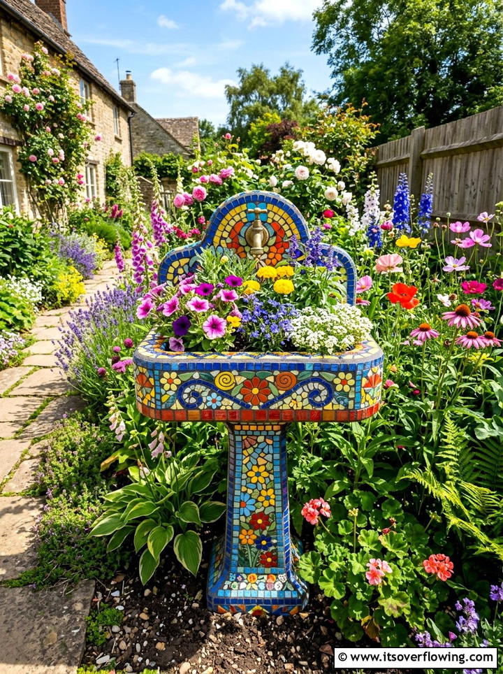 Mosaic tiled sink focal point - 25 upcycled garden ideas with old sinks